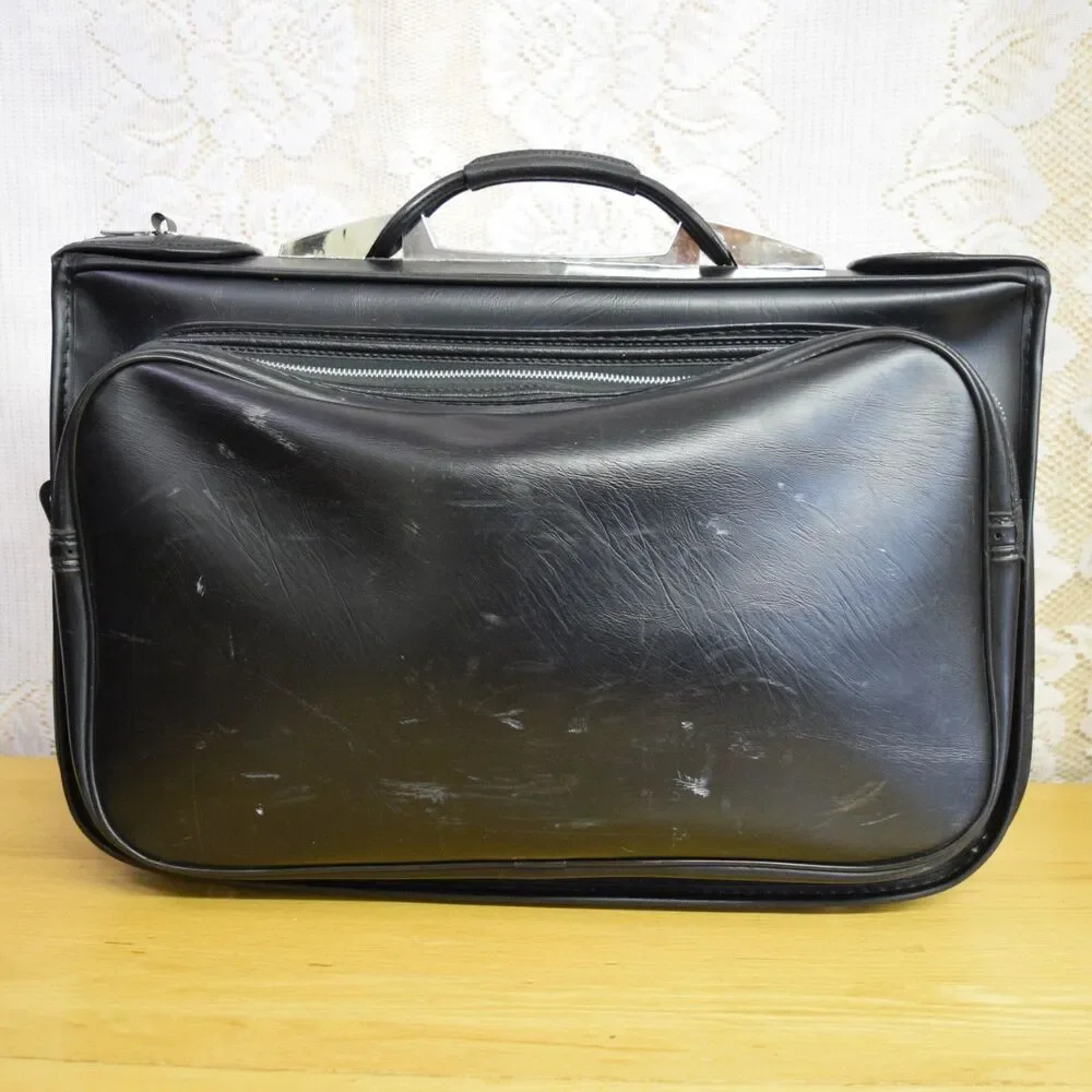 1960s Mid Century Vintage Suitcase Black Naugahyde Serval Zipper USA Garment Bag